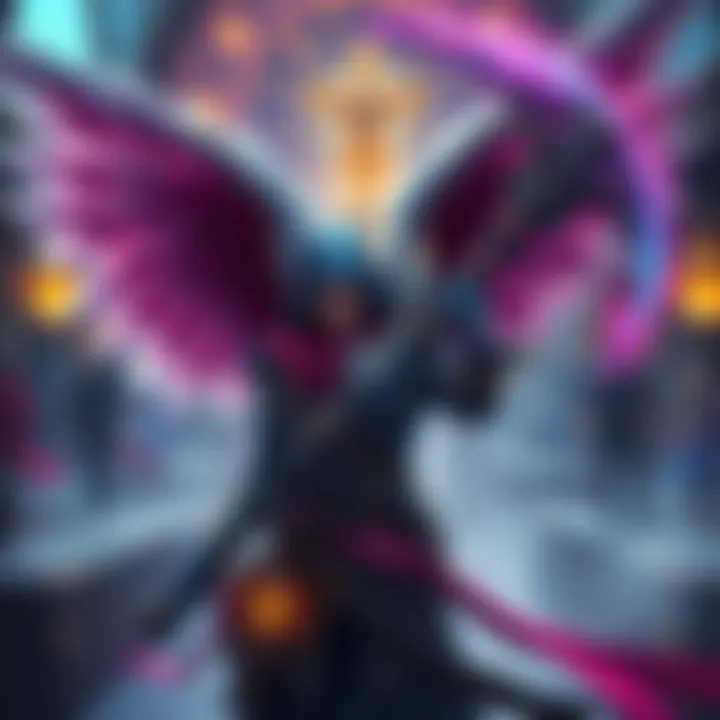 A gamer character holding a winged scythe, showcasing their magic build in a fantasy game setting