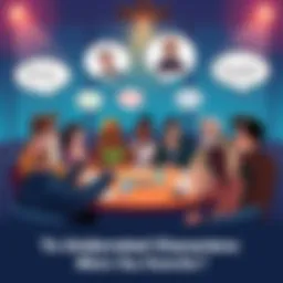A group of diverse people discussing their favorite underrated characters at a round table, with animated expressions and thought bubbles showing characters like Alfred and Sergei.