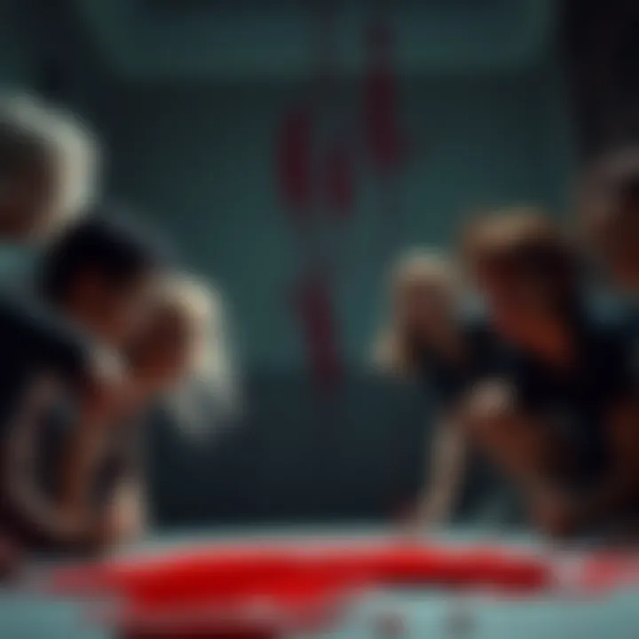A scene showing characters looking astonished as they examine red paint, mistaking it for blood in a dimly lit room.