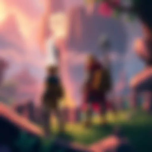 Characters in a Fantasy World Two fantasy characters preparing for an adventure outside their safe base, surrounded by lush landscapes and vibrant scenery.