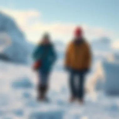 Claire and Steve standing in frigid Antarctic landscape wearing their typical outfits, surrounded by snow and ice.