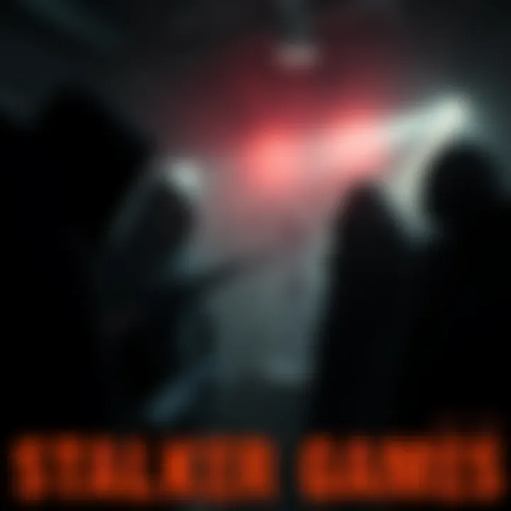 A dark and tense scene depicting characters in a stalker-themed video game, showcasing a mysterious environment with shadows and suspenseful elements.