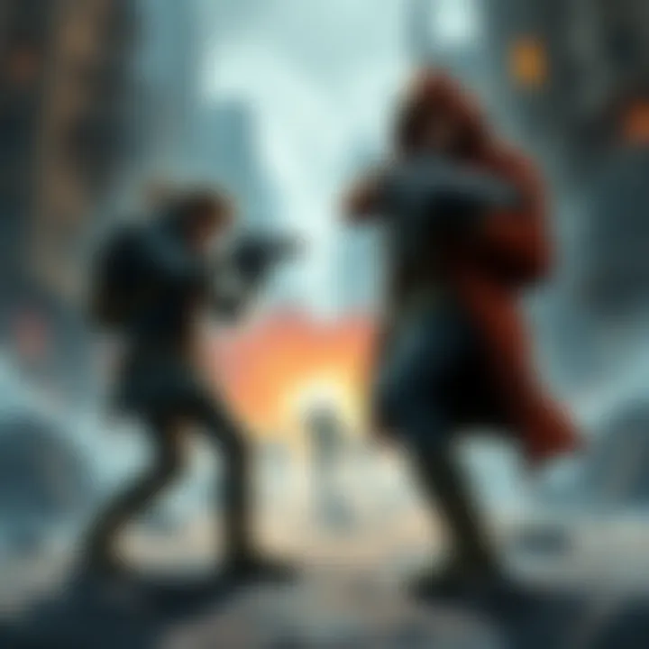 Characters in a post-apocalyptic city Two characters using weapons to fight off monsters in a ruined urban environment