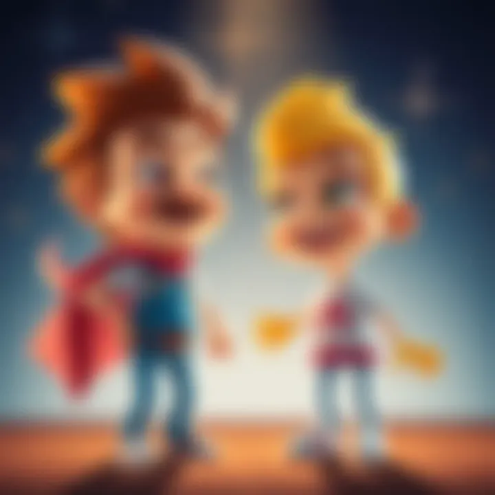 Characters Swapping Bodies Two cartoon characters are shown swapping bodies, creating funny expressions on their faces as they look at each other.