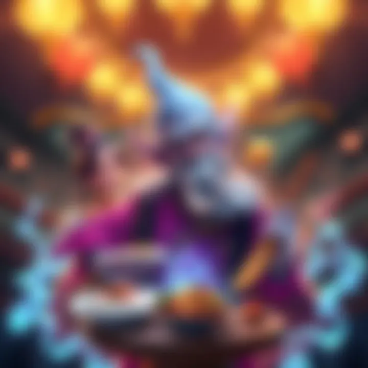 Characters with D’Genie and creative dishes Characters interact with a D’Genie granting three unique dishes and showcasing inventive utensils like a dodging knife and an unbreakable plate.