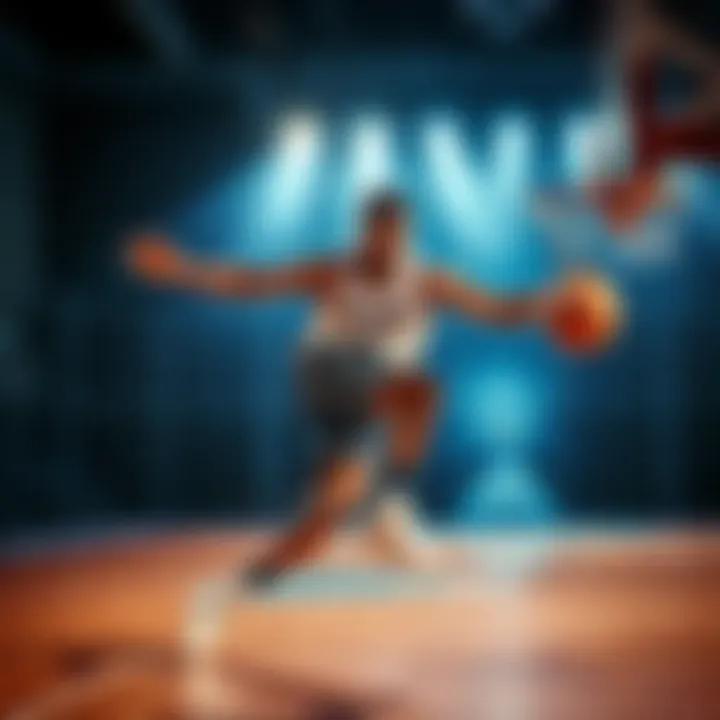 A dynamic athlete performing the Charge 'N' Slam technique on a court, showcasing power and agility