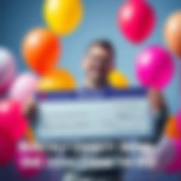 A cheerful person holding a large check for a charity prize, smiling in celebration with colorful balloons around them.