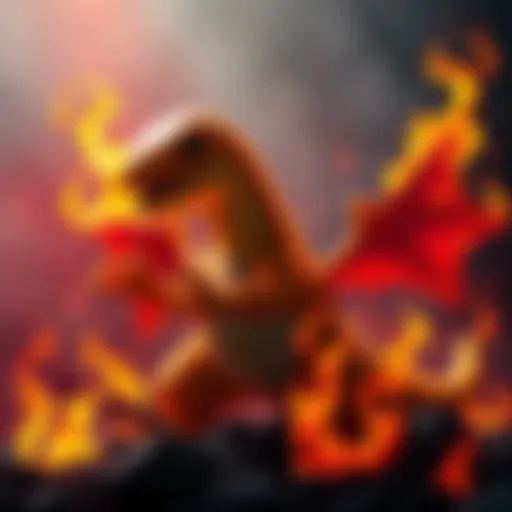 Artistic depiction of Charmander reimagined as a fierce Soulslike boss, surrounded by flames symbolizing servitude.