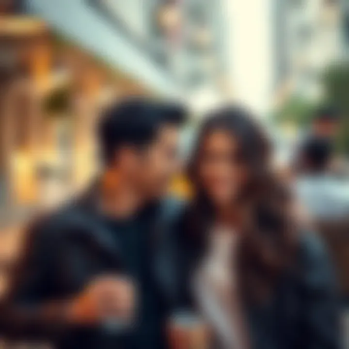 A man charmingly engaging with a woman in a casual setting, showcasing chemistry and connection, they are smiling and enjoying each other's company.