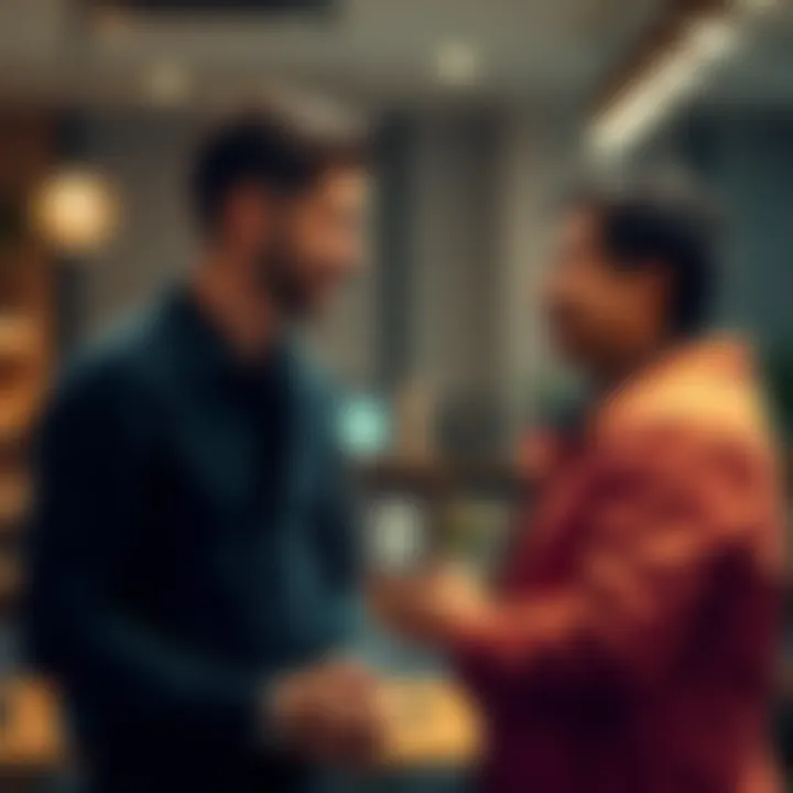 A confident person engaging a man in conversation with a warm smile and open body language.