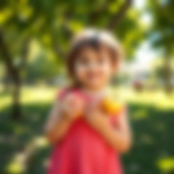 A young girl stands smiling, two apples in her hands, showcasing her adorable height. She exudes joy and charm in a sunny park setting.