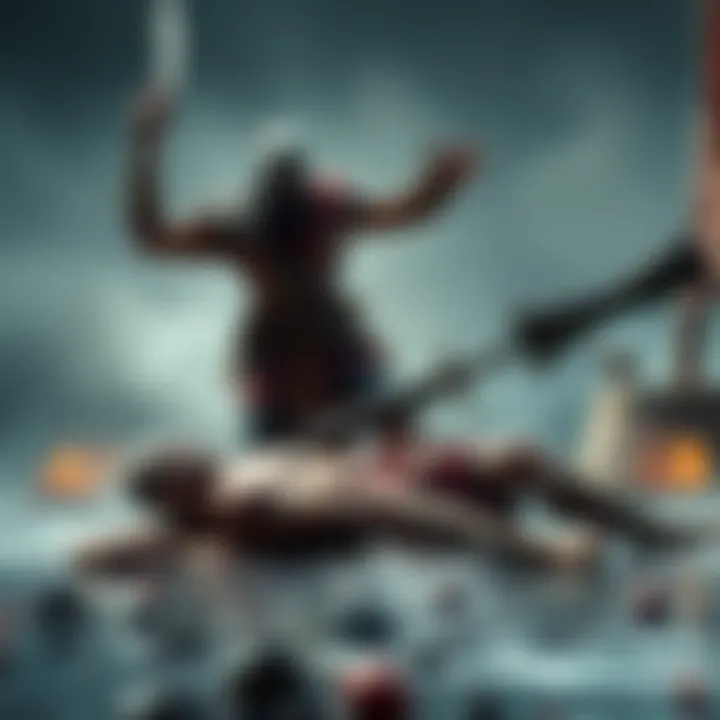 Charon, the ferryman, stands over Kratos, showcasing an unexpected victory in their combat. The scene is dynamic with weapons drawn and tension in the air.