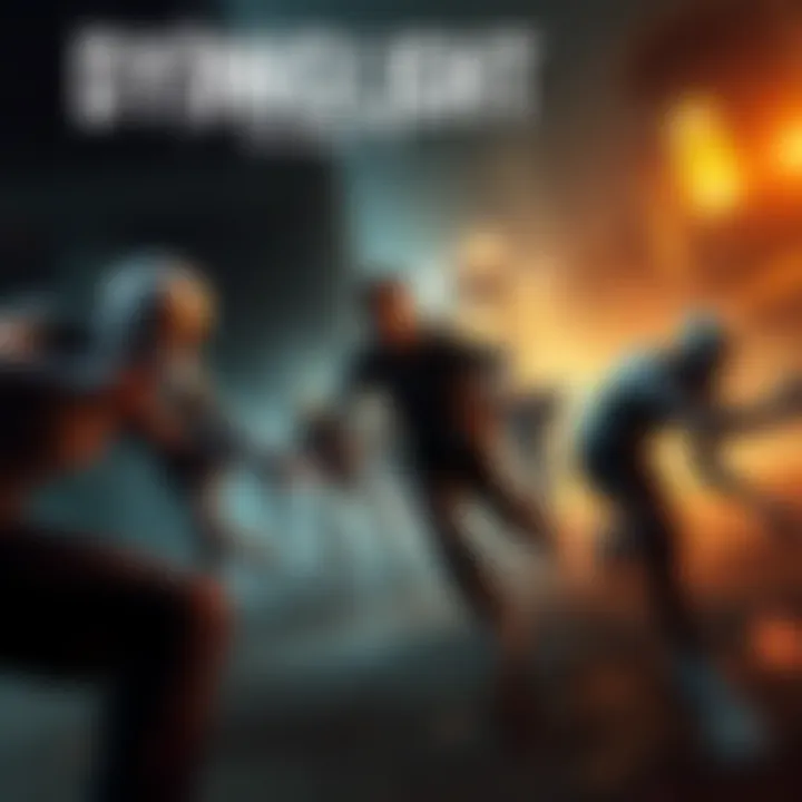 A character rushing through a dark, urban environment while zombies chase them, with intense music notes in the background.