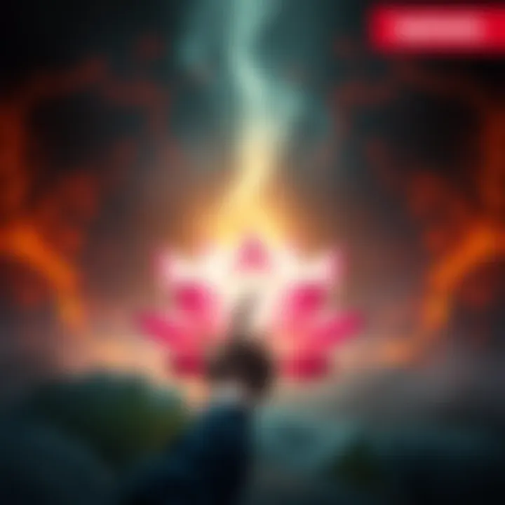 A person reaches for a glowing lotus flower amidst a dramatic background, symbolizing power and ambition.