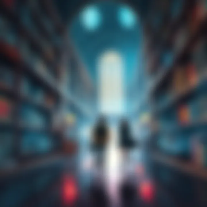 A group of players navigating a dynamic chase scene inside a grand library filled with towering bookshelves and animated books, creating an atmosphere of excitement.