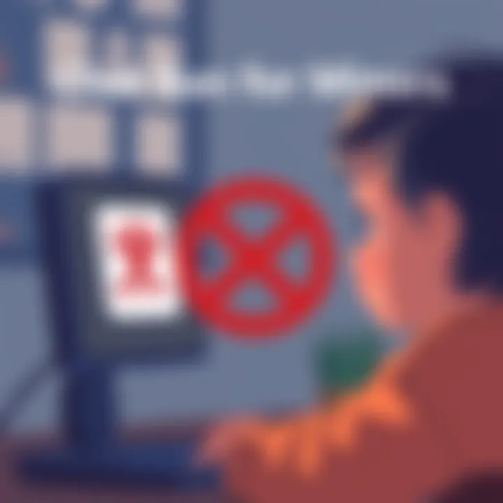 Illustration showing a child looking at a computer screen with a big red cross over a chat box, representing online chat restrictions for those under 18.