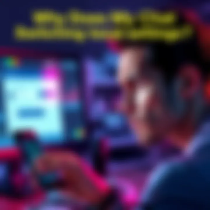 Chat Application Settings A person looking frustrated at a chat application on their device, with a settings menu visible on the screen.
