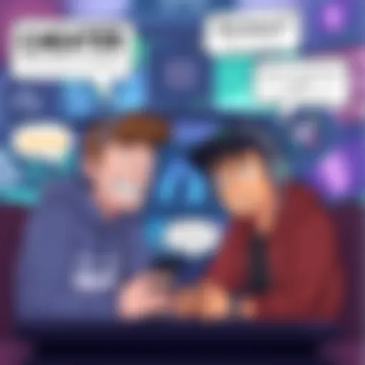 An illustration showing two gamers debating; one represents a cheater with a smug expression and the other represents a bad player looking frustrated. Their surroundings include game graphics and dialogue bubbles with opinions from forums.