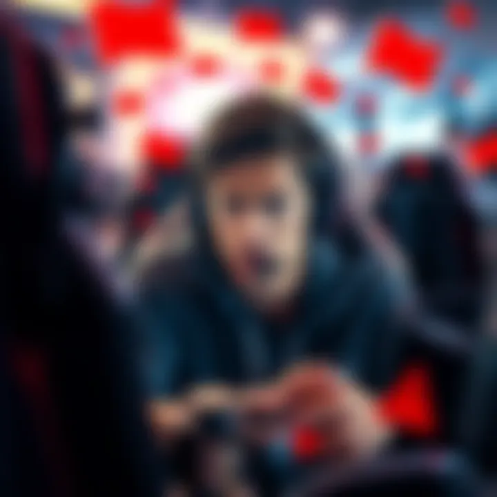 Cheating in competitive gaming A gamer looking frustrated while playing a video game, surrounded by digital graphics representing cheating, like red flags and warning icons.