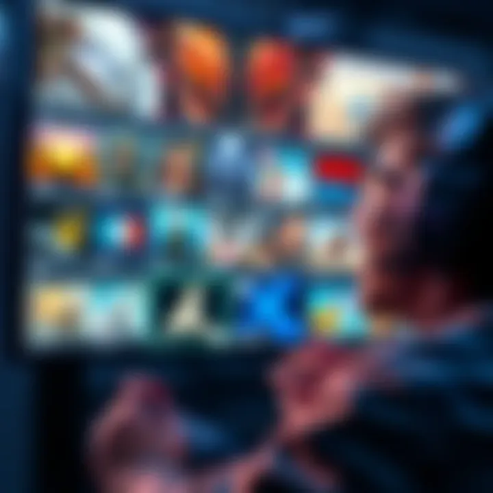 A gamer looking at a screen displaying various game demos with excitement