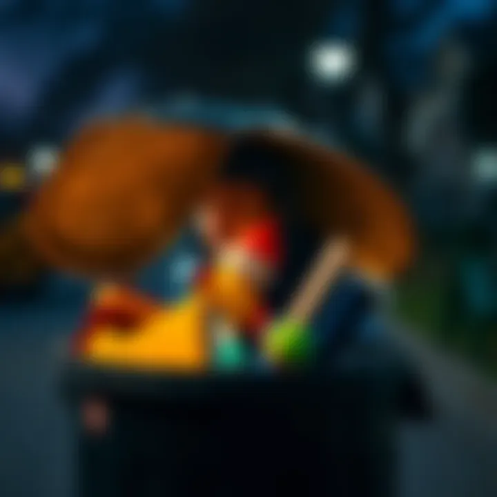 A person looking into a trash can, finding old toys and books