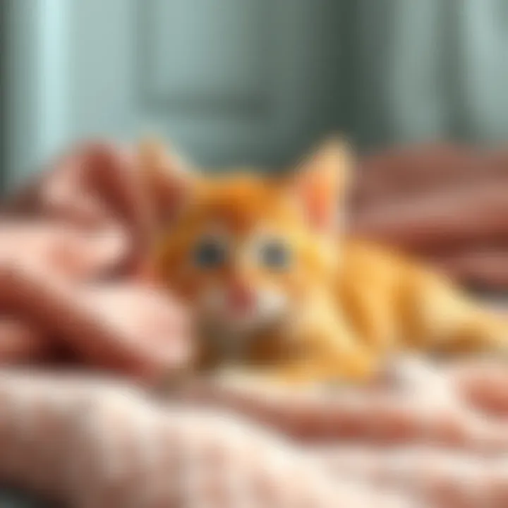 A cute orange Kneazle kitten named Cheddar sitting playfully on a soft blanket