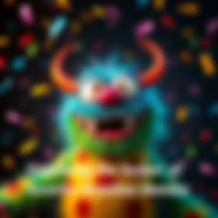 Cheerful Brainless Monster A silly, colorful monster with big eyes and a goofy smile, radiating fun and joy, surrounded by confetti and laughter.