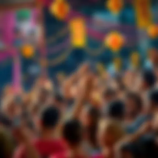 A lively crowd of diverse people eagerly preparing for an exciting upcoming event, with decorations and banners in the background