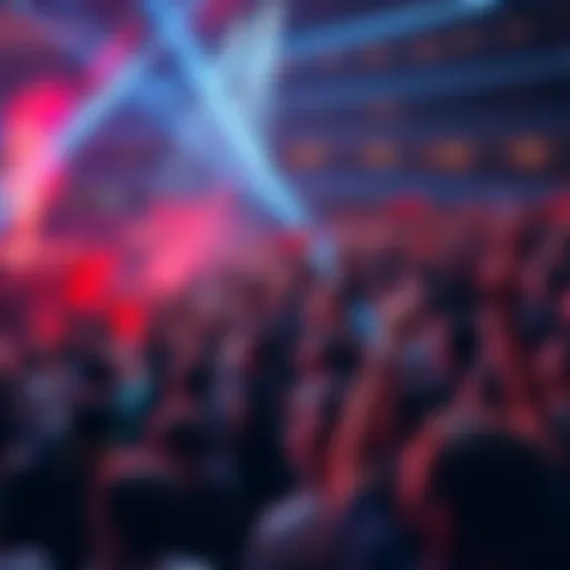 A large, enthusiastic crowd of fans celebrating and cheering during a DotA tournament event, showcasing their energy and passion for the game.