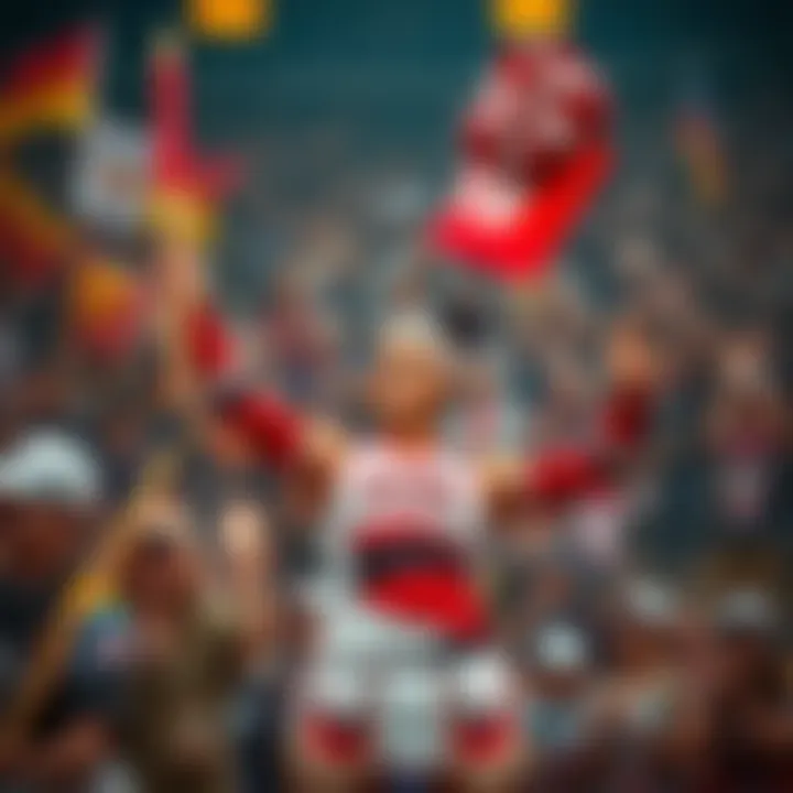 Teb, the founder of the Aloy Fanclub, proudly holds a banner while dressed in cheerleader attire, showing his support for Aloy amidst a cheering crowd.