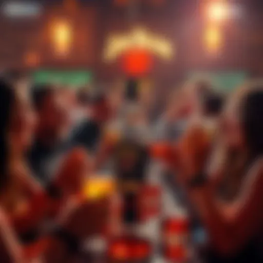 A vibrant gathering of people enjoying drinks and discussing Jim Beam, showcasing mixed reactions and lively conversation.
