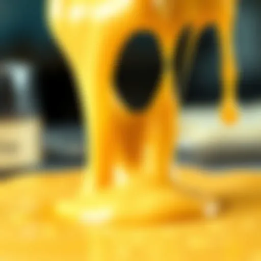 A close-up of melted cheese pouring over a dish, showcasing its texture and appeal.
