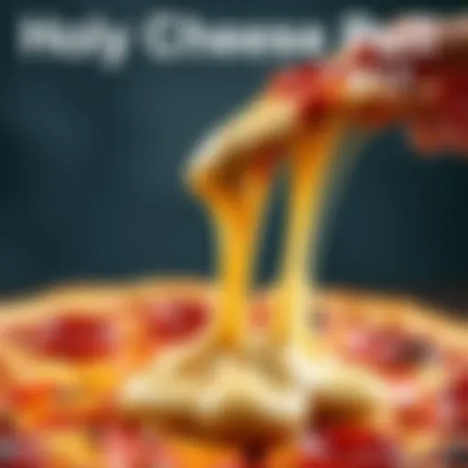 A close-up of gooey melted cheese stretching from a slice of pizza, showcasing the popular holy cheese pull trend.