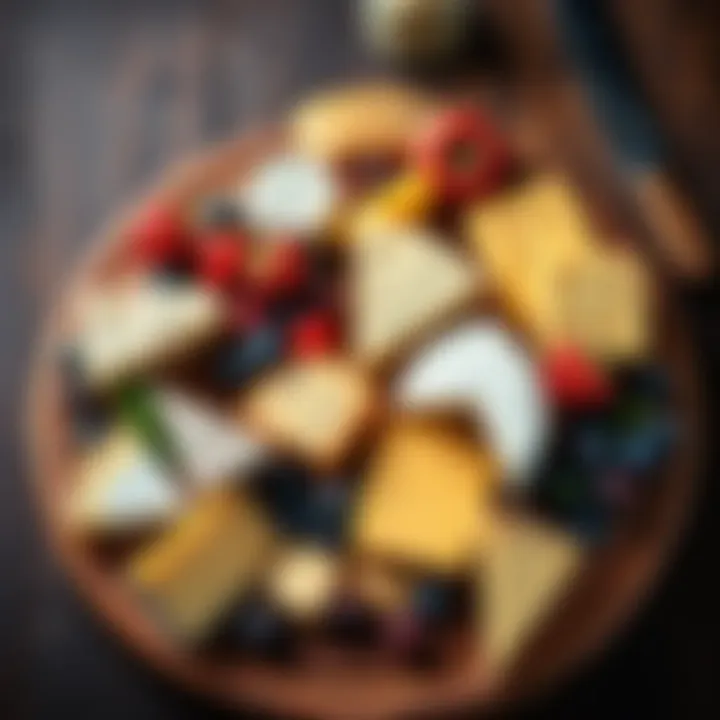 A selection of different types of cheeses arranged on a rustic wooden board, showcasing their flavors and textures, alongside crackers and fruits