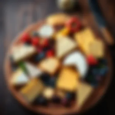 Variety of Cheeses on a Wooden Board A selection of different types of cheeses arranged on a rustic wooden board, showcasing their flavors and textures, alongside crackers and fruits
