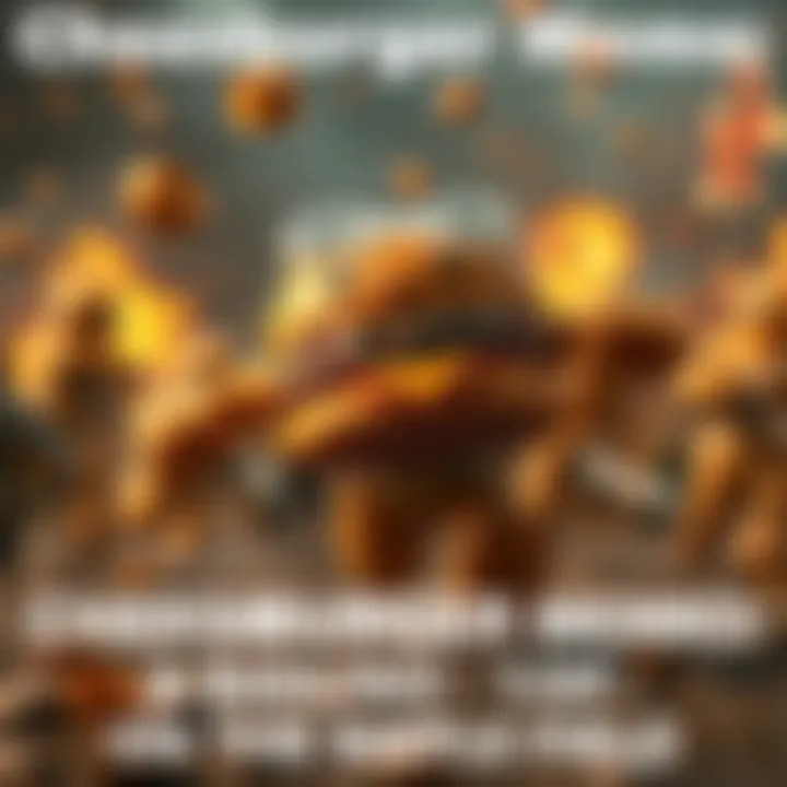 Cheeseburger Momo rushing onto the battlefield, mistaking a falling item for a muffin, with a determined look on his face