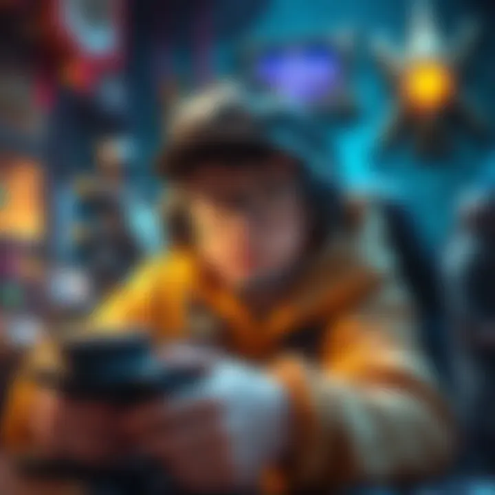 A gamer focusing on easy gameplay with a cheesy build setup, surrounded by game elements and character skills, looking confident and ready to play.