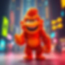 Cheeto Kong, a vibrant orange character with bright colors and a playful stance, stands out in a lively digital scene.