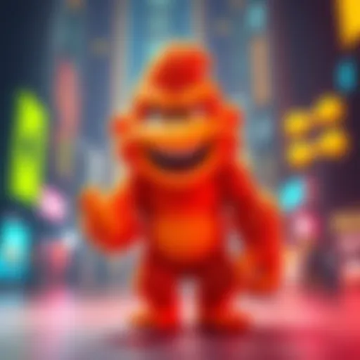 Cheeto Kong, a vibrant orange character with bright colors and a playful stance, stands out in a lively digital scene.