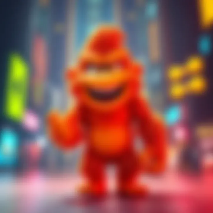 Cheeto Kong, a vibrant orange character with bright colors and a playful stance, stands out in a lively digital scene.