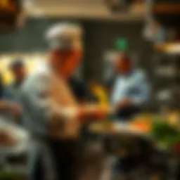 A busy kitchen scene with a well-known chef preparing a dish while people watch and take notes.