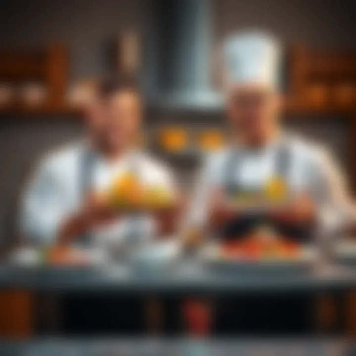 Chefs xQc and Jesse with their dishes Chefs xQc and Jesse presenting colorful and creative dishes in a kitchen setting