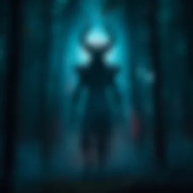 Chernobog, a dark Slavic deity, stands in a shadowy forest, surrounded by mist and eerie light.