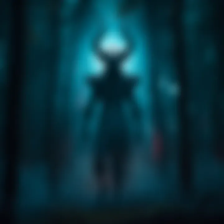 Chernobog, a dark Slavic deity, stands in a shadowy forest, surrounded by mist and eerie light.