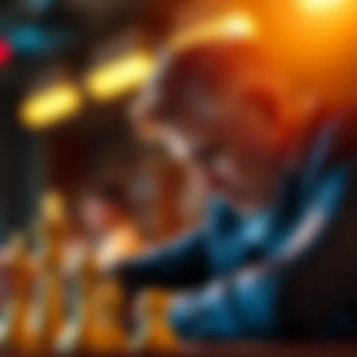 A chess grandmaster deep in thought during a competitive match, analyzing the board with focused determination.