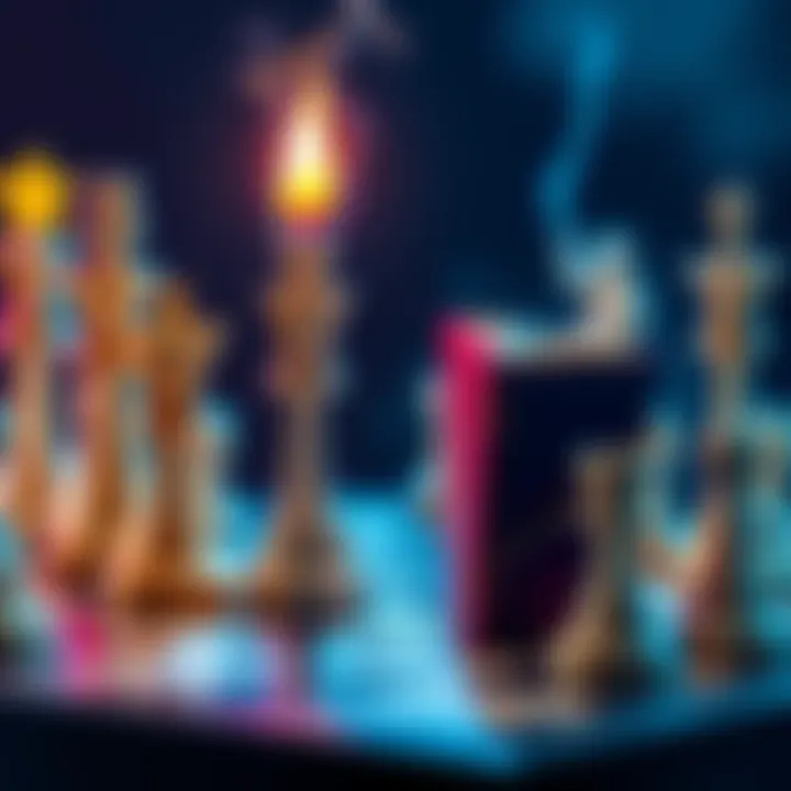 Fantasy chess pieces inspired by the Harry Potter universe, featuring wands and spellbooks on a chessboard