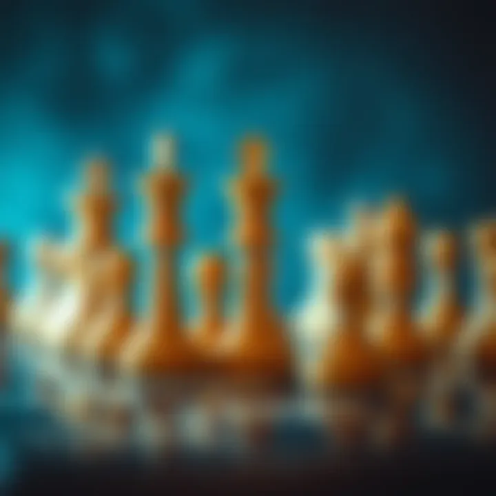 A close-up of chess pieces set up on a chessboard, highlighting their distinct shapes and roles, representing strategy and competition