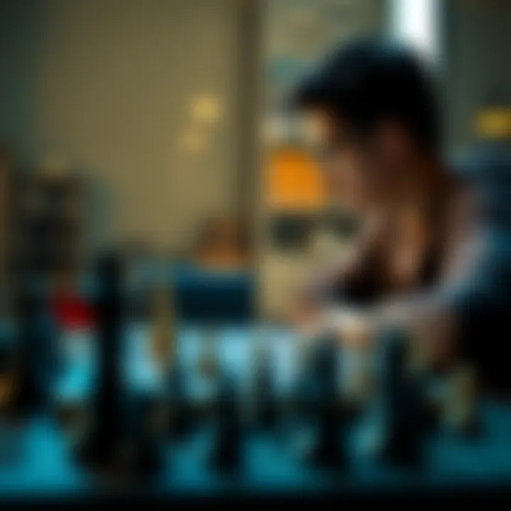 A student looking at a laptop while analyzing a chess position on a board filled with pieces