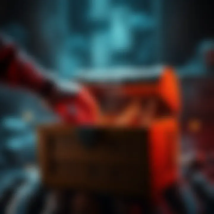 A wooden chest with visible traps and a hand reaching to open it, depicting caution in gameplay.
