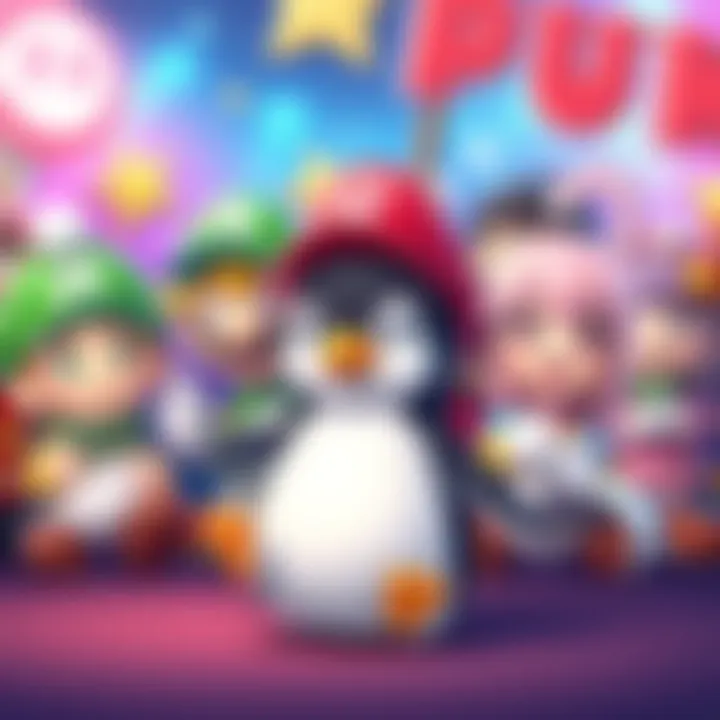 Chibi Characters in Nintendo Switch Game Colorful chibi characters from the JRPG-Mario Party mix game on Nintendo Switch having fun together, featuring a playful penguin.